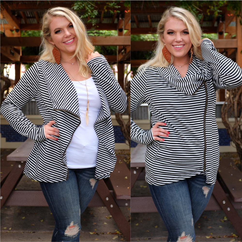 PLUS Black Striped Asymmetrical ZIPUp Cardigan - Picture 2 of 6